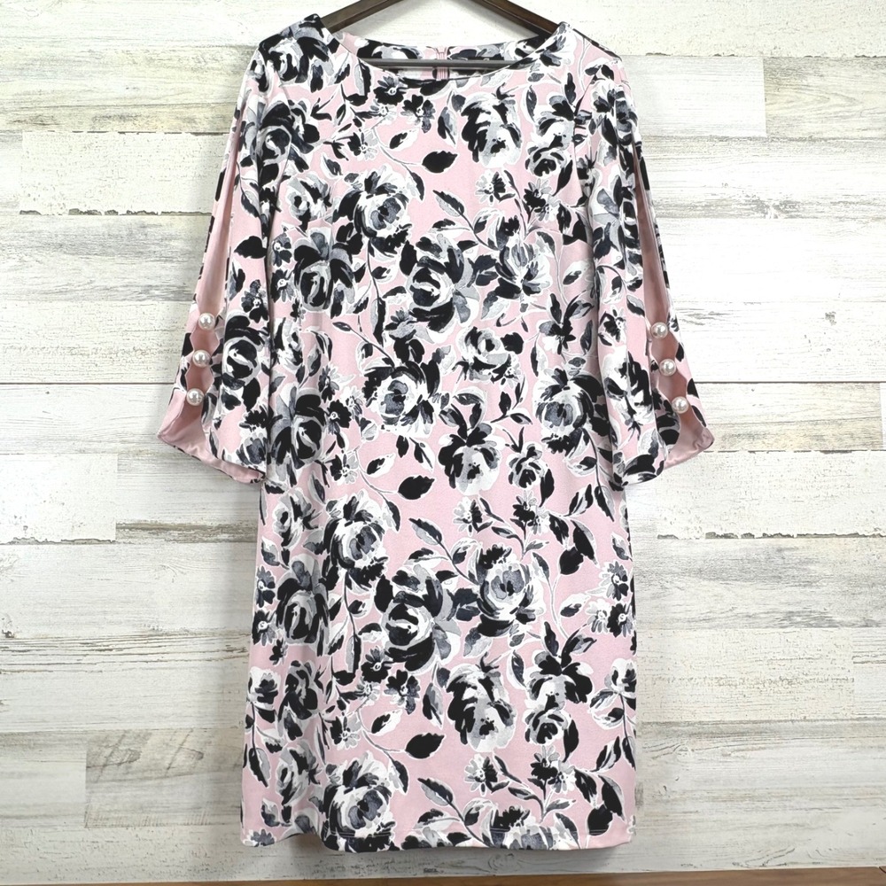 Phase Seven 7 New York Shift‎ Dress Size 14 Pink Black Floral 3/4 Sleeve Pearl